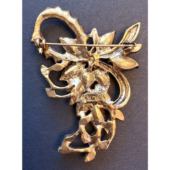 Vintage KC Floral Flower Nature Gold Tone Amber & Blue Rhinestones Brooch 2" - Picture 4 of 5